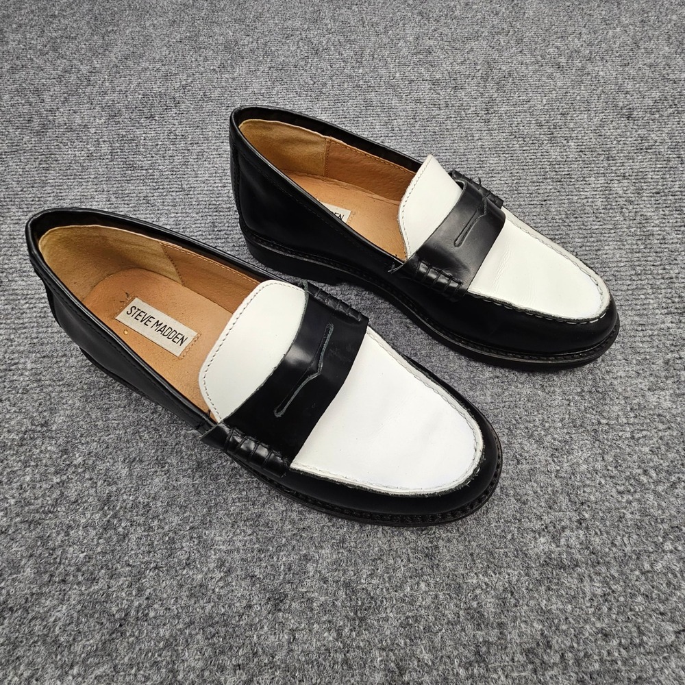 Steve Madden Womens Loafers Two Tone Penny Slip On Preppy Classic Black White 6